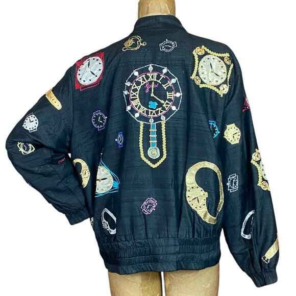 VTG CACHE Silk Bomber Jacket Novelty Watch Pattern S Black 336G - Picture 5 of 6